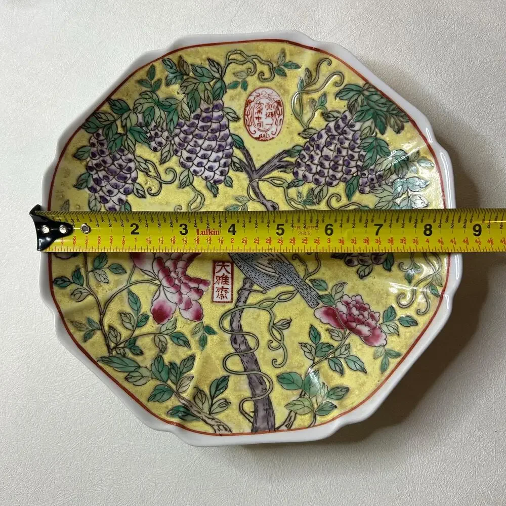 Ethan Allen Dayazhai Style Yellow Porcelain Plate, Bird & Grape Decorative Dish